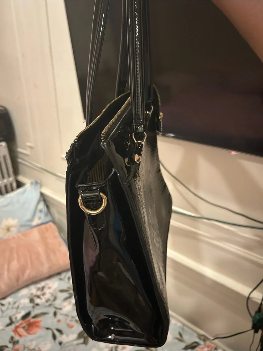Patent Croc-Embossed Top-Handle Tote - Black
